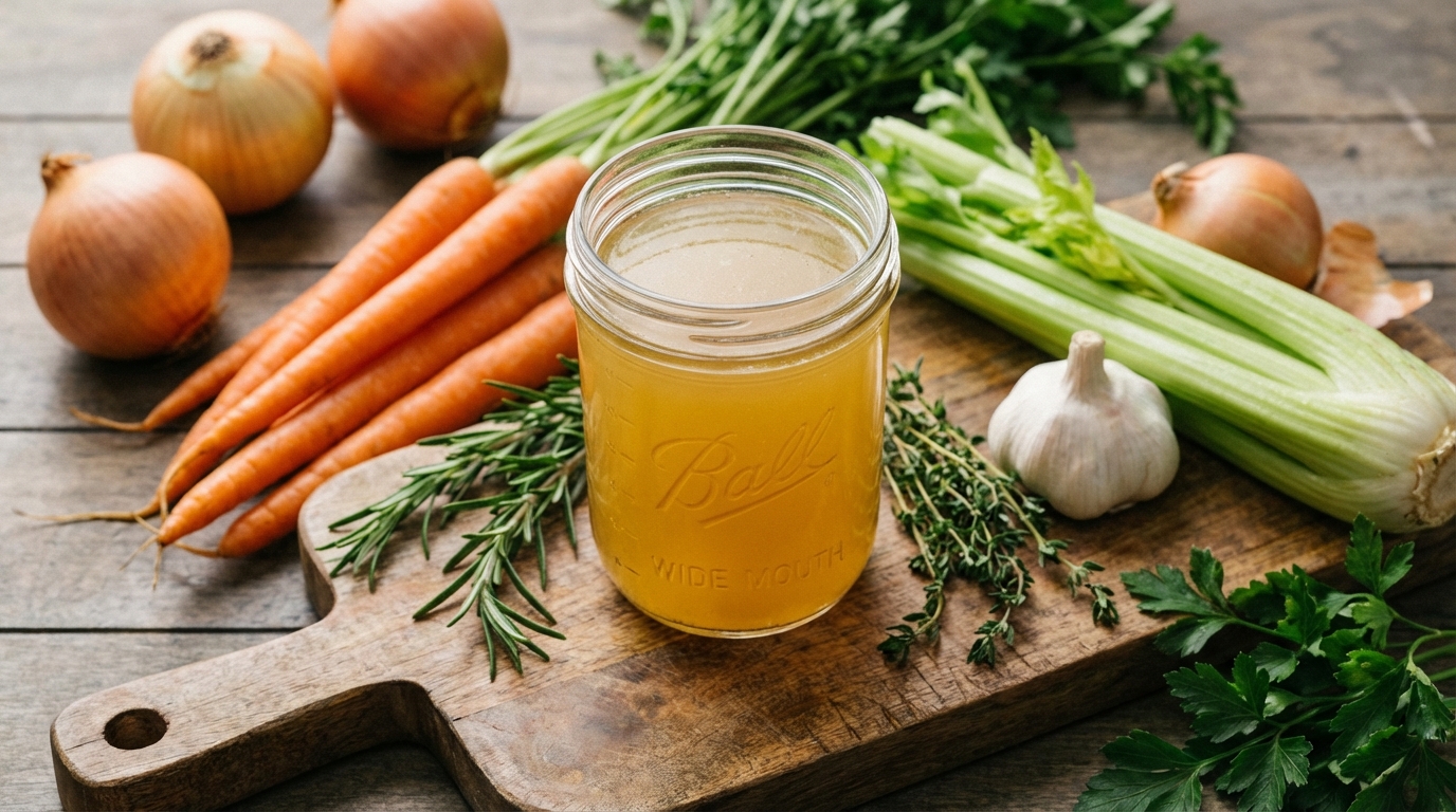 A high-quality photo of clear, golden chicken bone broth in a glass jar, surrounded by raw ingredients like carrots, celery, and fresh herbs on a wooden cutting board.