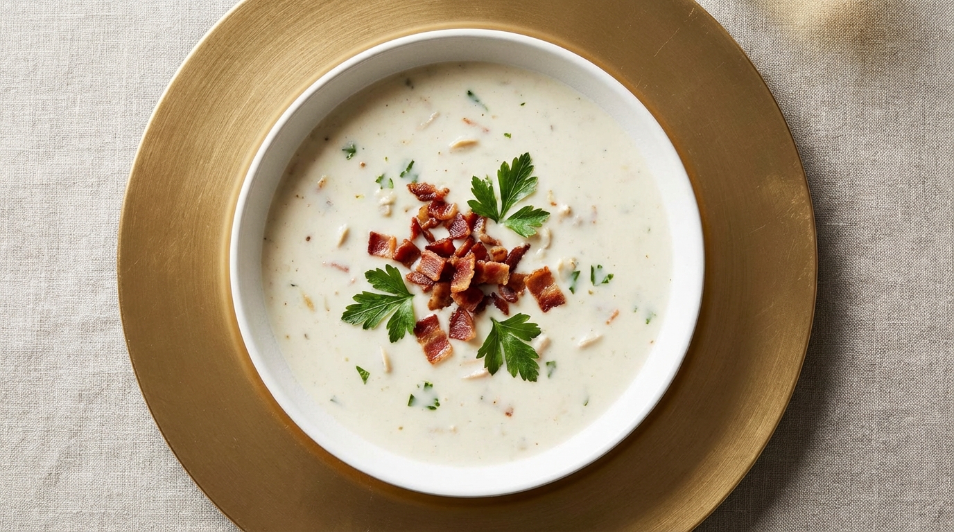 An overhead shot of a creamy white clam chowder in a white ceramic bowl, garnished with crispy bacon bits and parsley, sitting on a sophisticated gold charger plate.