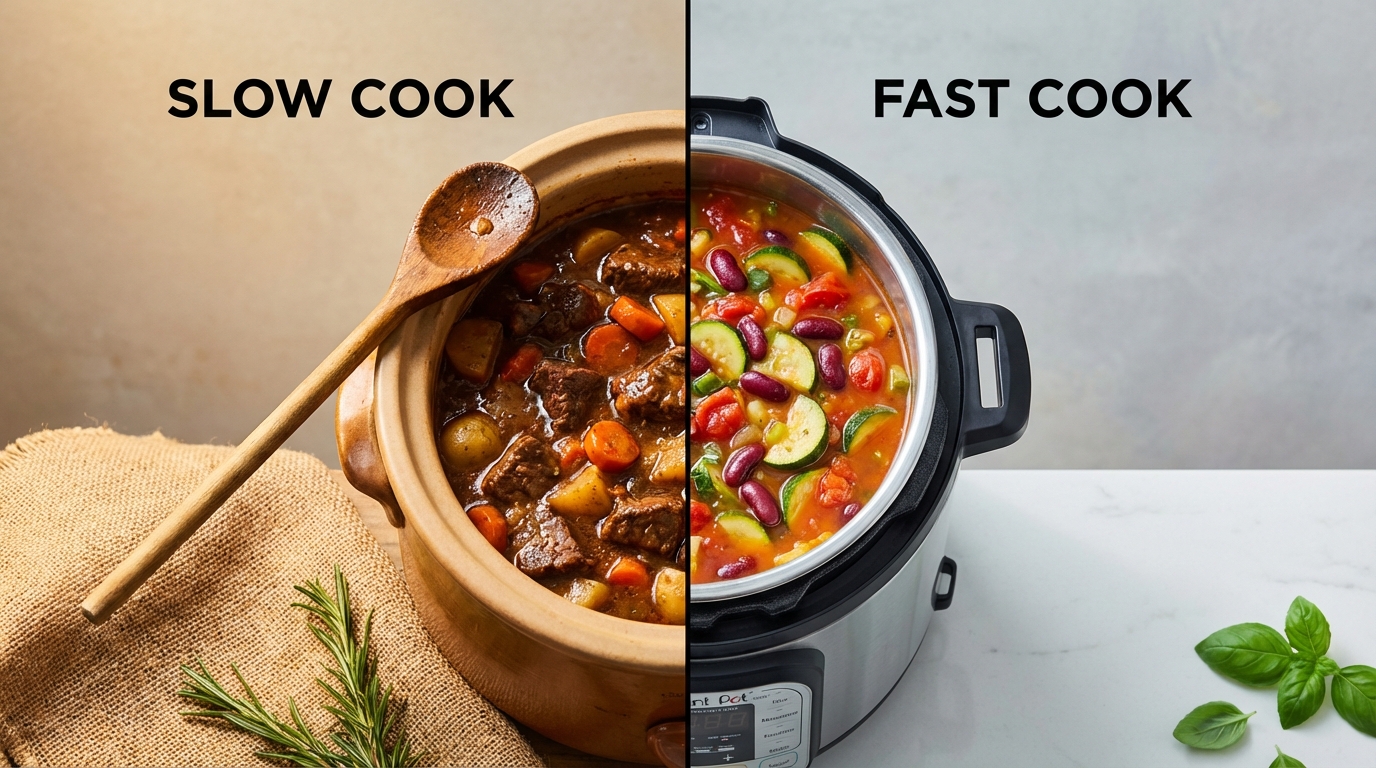 A split image showing a rustic beef stew in a slow cooker on the left and a vibrant minestrone in a stainless steel Instant Pot on the right, emphasizing modern cooking versatility.