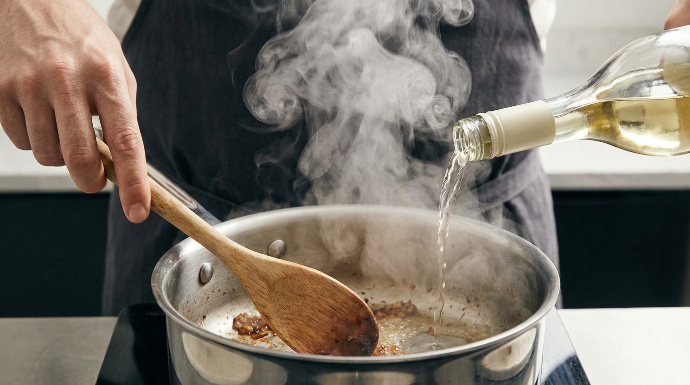 Close up action shot of a chef deglazing a stainless steel pot with white wine, steam rising dramatically, wooden spoon scraping the bottom to release the fond.