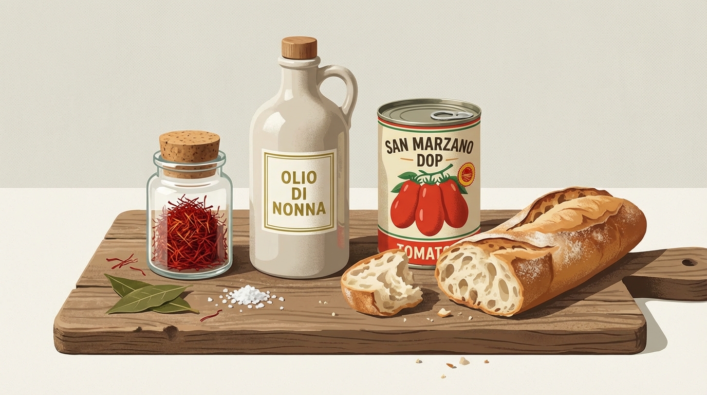 A stylized flat-lay photo of high-end pantry staples: a jar of saffron, good quality olive oil, a can of San Marzano tomatoes, and a crusty baguette on a wooden board.