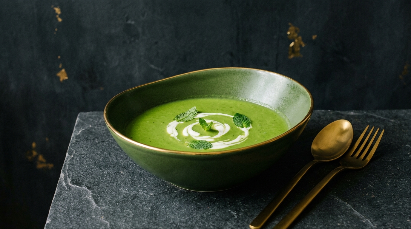 An elegant bowl of green pea and mint soup with a swirl of creme fraiche, set against a dark background with gold cutlery.