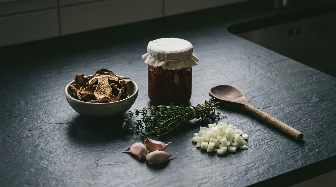 A high-quality, moody shot of raw ingredients arranged on a slate countertop: dried porcini mushrooms, a jar of tomato paste, fresh thyme, unpeeled garlic, and diced onions, highlighting the foundation of a savory stew.