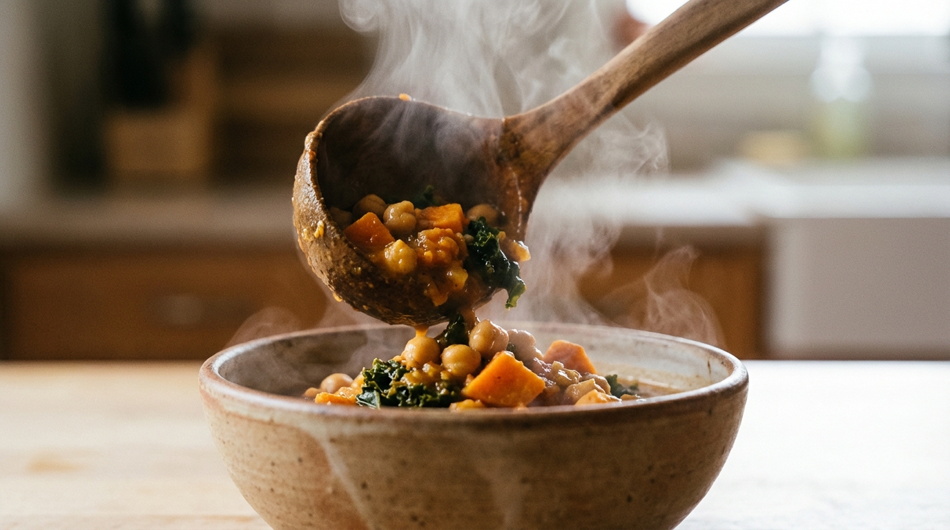 A close-up action shot of a ladle pouring a thick, colorful stew made of chickpeas, sweet potatoes, and kale into a rustic earthenware bowl. Steam is rising, creating a cozy atmosphere.