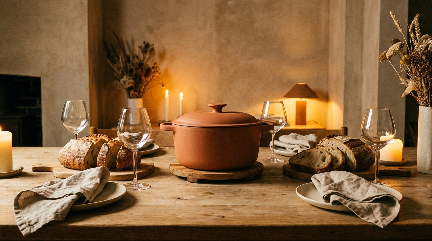 A wide shot of a dining table set for a dinner party. A large Dutch oven sits in the center on a wooden trivet, surrounded by slices of crusty artisan bread, wine glasses, and linen napkins. The lighting is warm and golden.