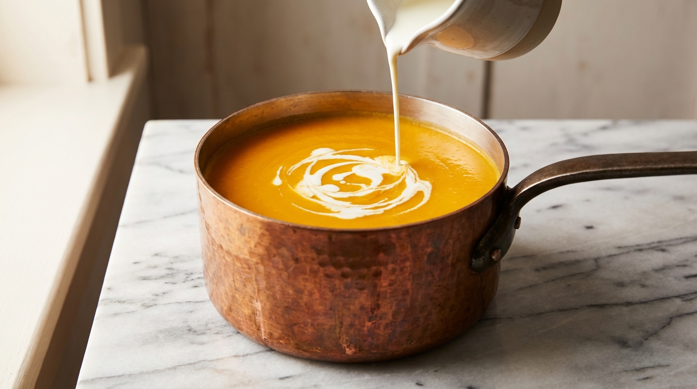 A photorealistic, high-angle shot of a copper pot on a marble countertop containing a smooth, vibrant orange butternut squash bisque. A swirl of heavy cream is being poured in, creating an artistic pattern. Soft, warm lighting emphasizes the velvety texture.