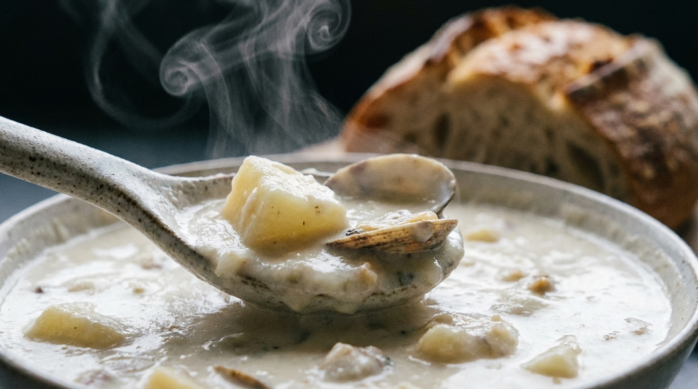 A close-up side view of a spoon lifting a chunk of potato and clam from a white creamy chowder. Steam is rising. The background is slightly blurred showing crusty sourdough bread. Detail focused on the chunky texture vs liquid.