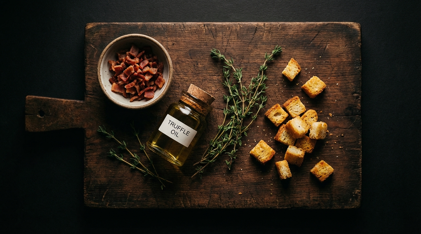 A flat-lay composition of soup garnishes on a dark wooden board: a small bowl of crispy bacon bits, a jar of truffle oil, fresh thyme sprigs, and homemade golden croutons. Lighting is moody and elegant.