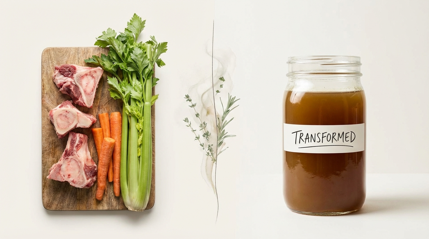 A split composition showing raw ingredients like organic beef bones, carrots, and celery on one side, and a jar of rich, dark golden gelatinous broth on the other, signifying the transformation process.