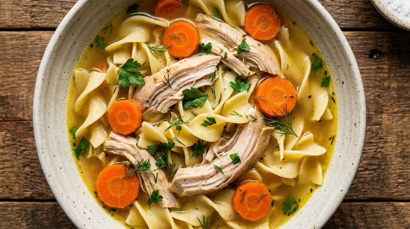 A close-up, overhead shot of a bowl of chicken noodle soup featuring wide egg noodles, shreds of tender chicken, vibrant orange carrot rounds, and a golden broth specked with fresh green parsley and dill.