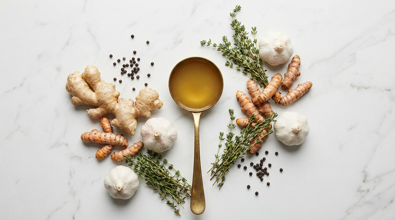 An elegant flat-lay photo of various healing ingredients on a marble countertop: fresh ginger root, turmeric, garlic bulbs, peppercorns, and a bunch of fresh thyme, surrounding a ladle of broth.