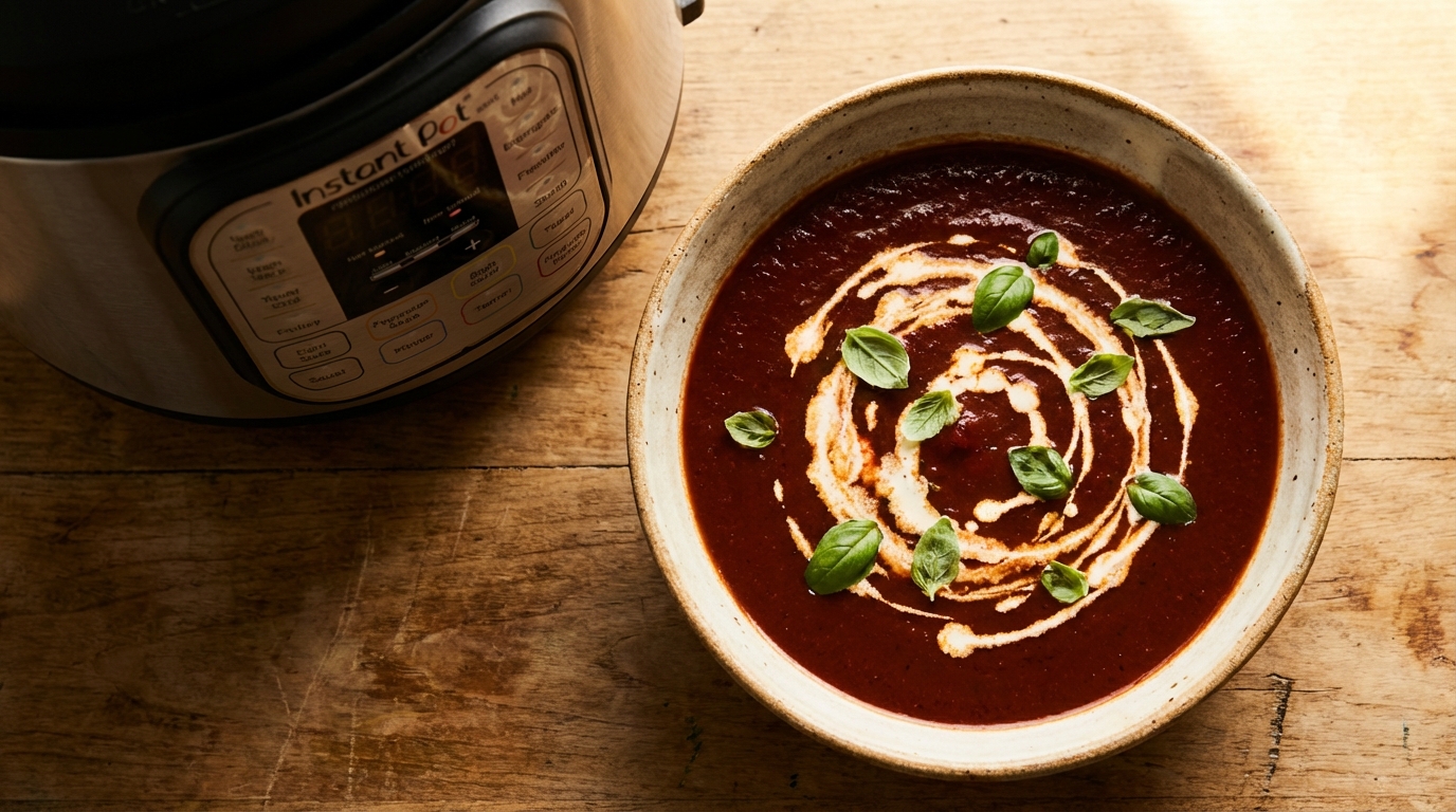 A close-up, top-down shot of a rich, dark roasted tomato basil soup in a ceramic bowl next to an Instant Pot, garnished with heavy cream swirls and fresh basil leaves, lighting is warm and golden.