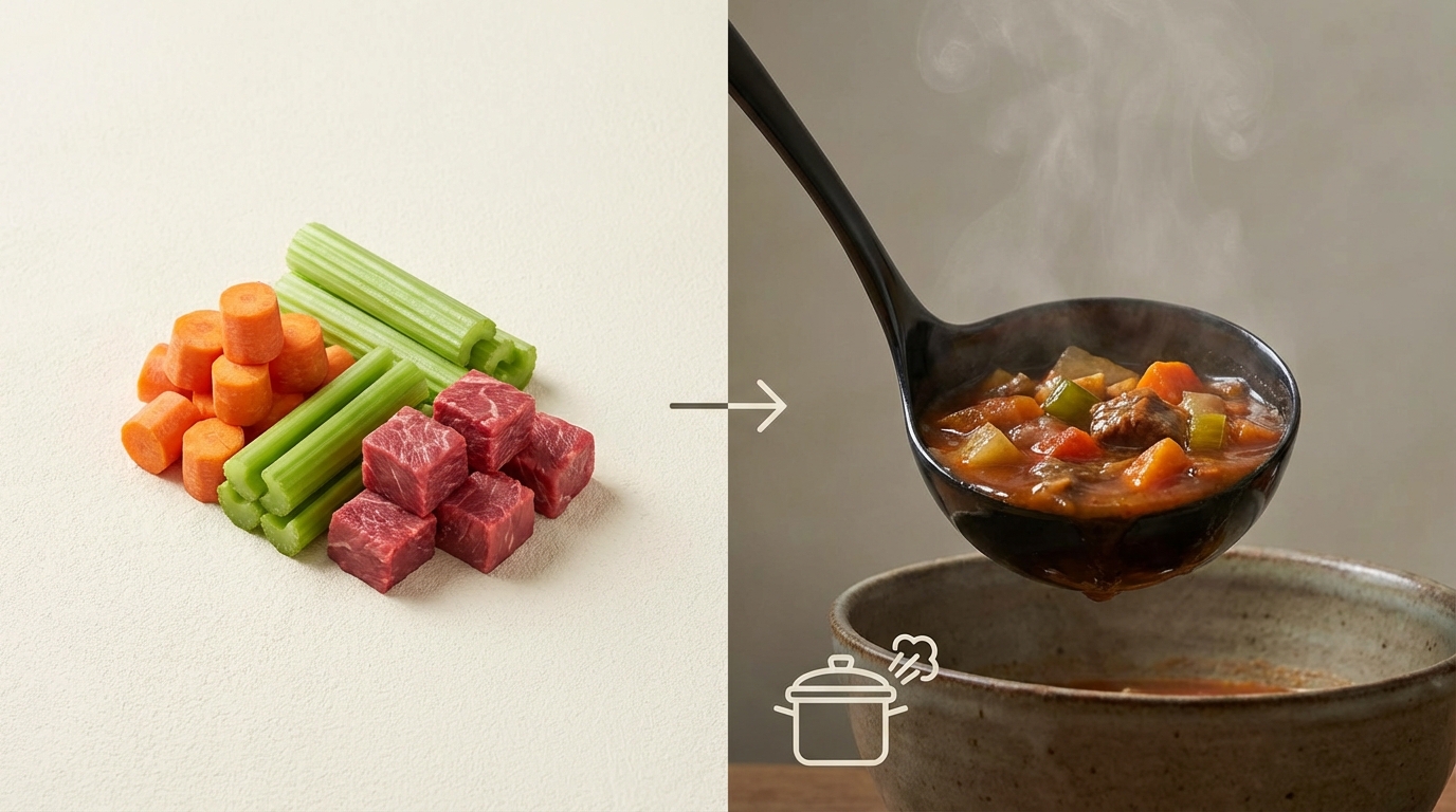 A split composition showing raw ingredients like carrots, celery, and beef cubes on the left, and a finished, glossy stew in a ladle on the right, symbolizing the transformation of pressure cooking.
