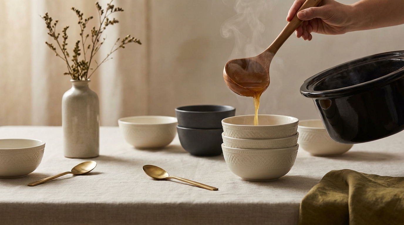 An elegant dining table setting with a ladle pouring steaming soup from a ceramic slow cooker insert into fine china bowls, soft ambient lighting.
